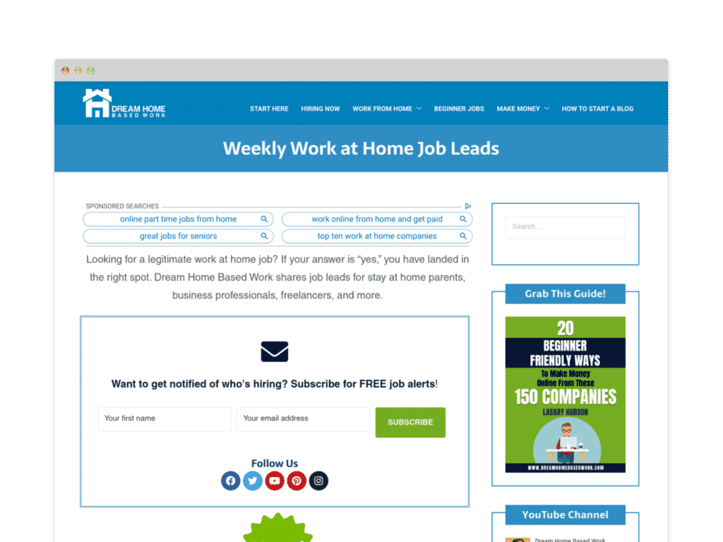 Weekly Work at Home Job Leads Page from the Dream home Based work website